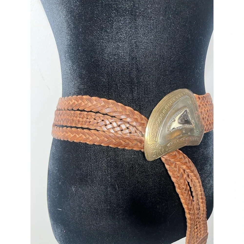 Chicos MOROCCAN BELT Braided Leather Belt, Silver-Toned Metal Vintage S/M